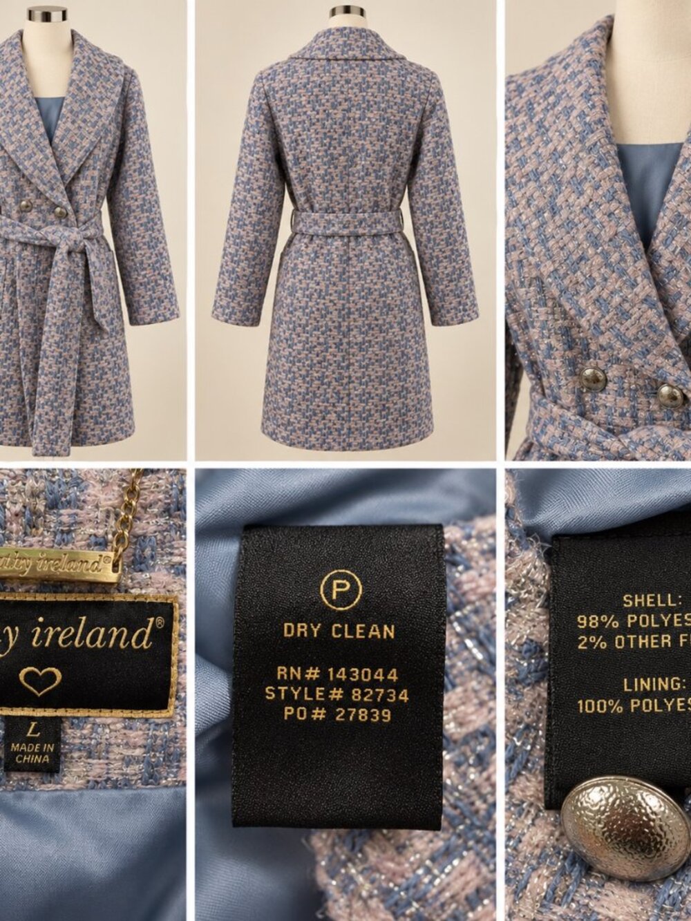 Kathy Ireland Pink Blue Tweed Belted Coat Gold Buttons Size L